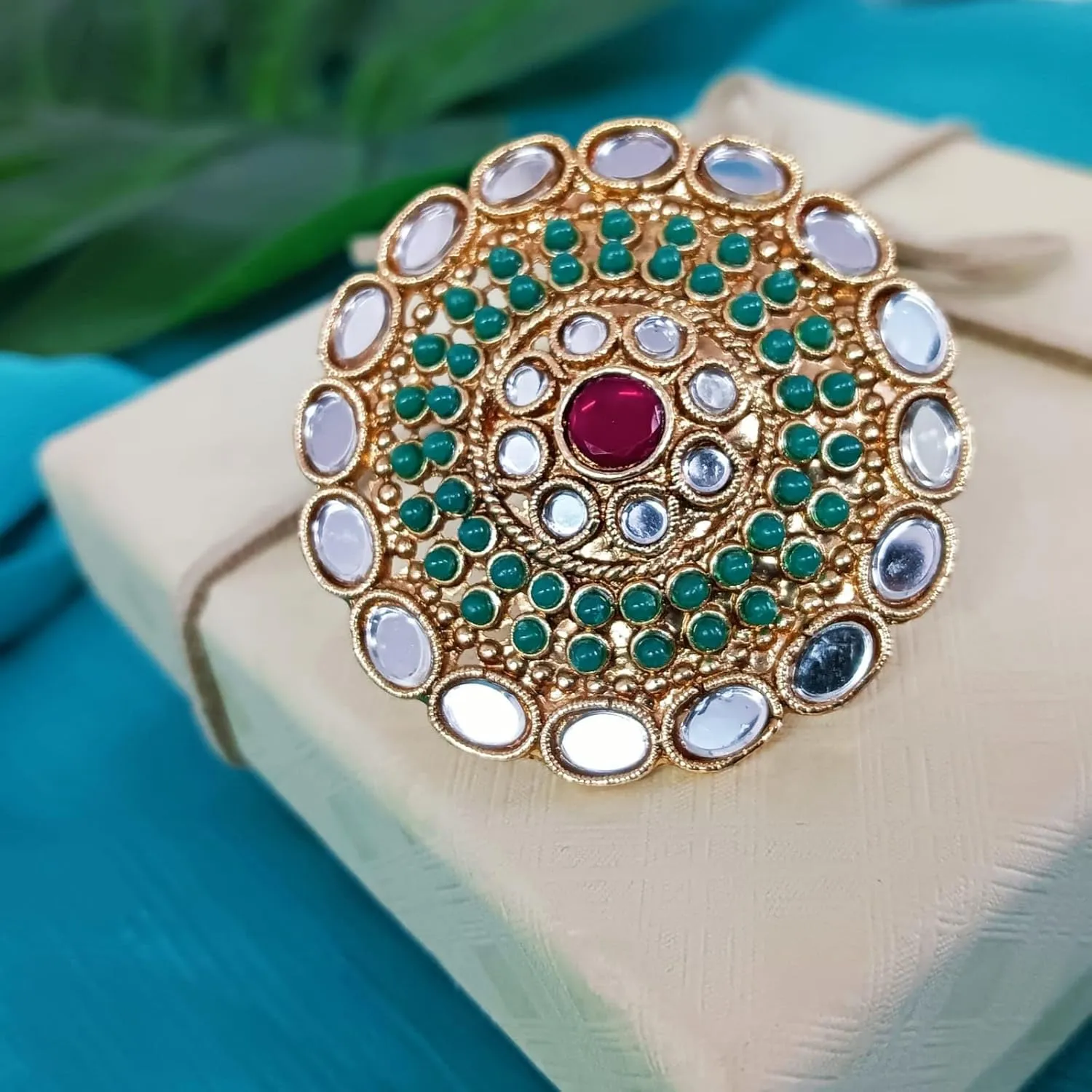 Efulgenz Indian Ring Crystal Glass Stone Round Faux Pearl Beads Adjustable Big Finger Ring Jewelry for Women