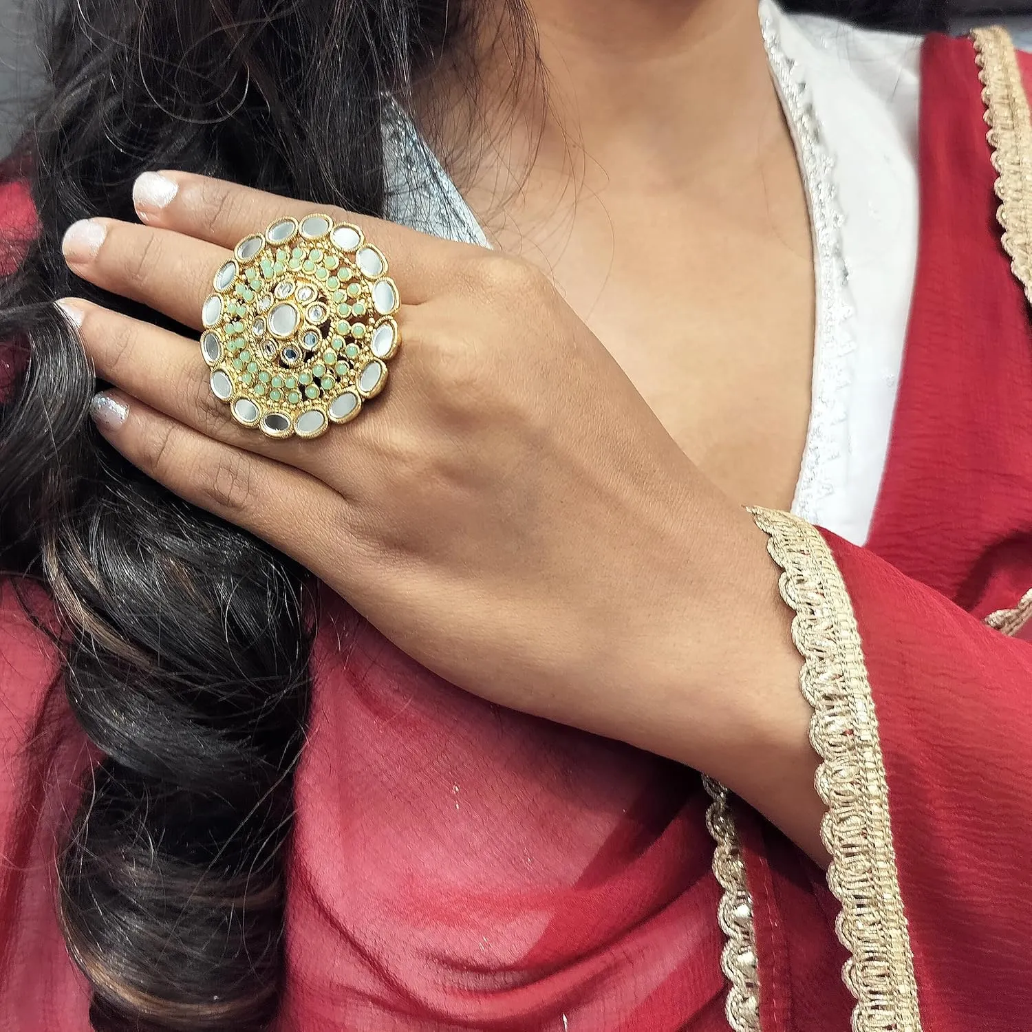 Efulgenz Indian Ring Crystal Glass Stone Round Faux Pearl Beads Adjustable Big Finger Ring Jewelry for Women