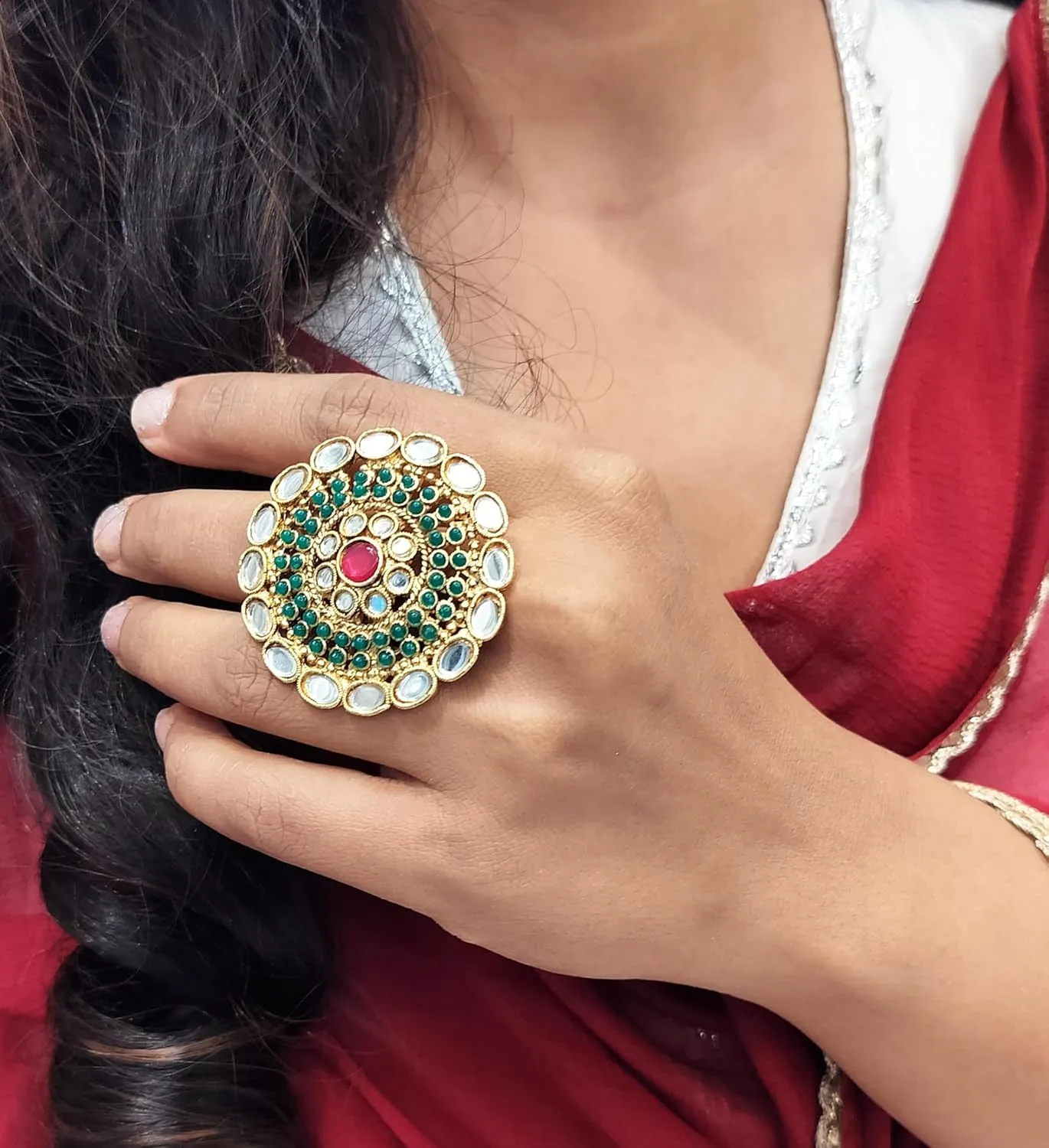 Efulgenz Indian Ring Crystal Glass Stone Round Faux Pearl Beads Adjustable Big Finger Ring Jewelry for Women