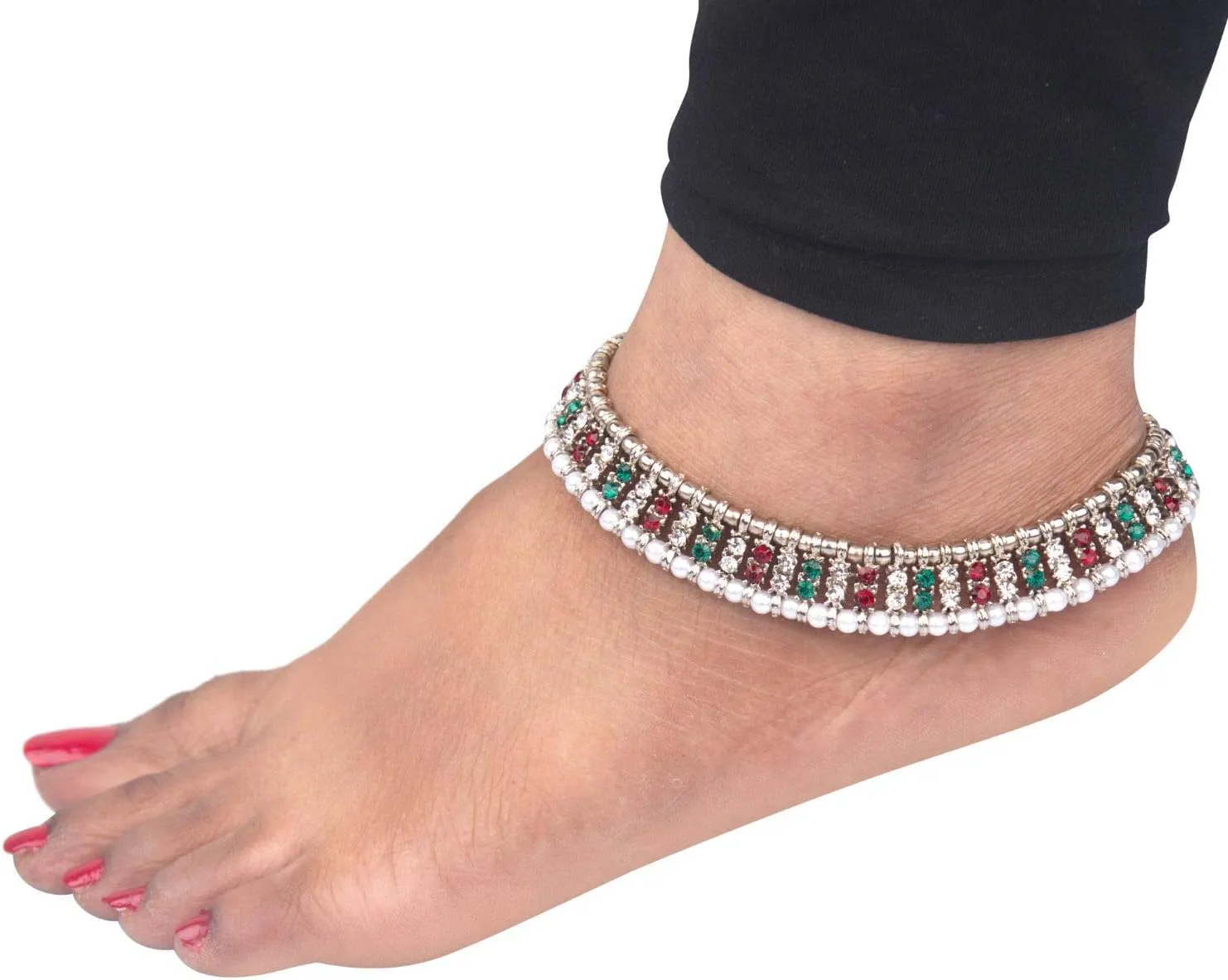 Efulgenz Oxidized Indian Jewelry - Anklets & Bracelet Pair for Women - Boho Oxidized Crystal Pearl Foot Jewelry