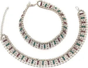 Efulgenz Oxidized Indian Jewelry - Anklets & Bracelet Pair for Women - Boho Oxidized Crystal Pearl Foot Jewelry