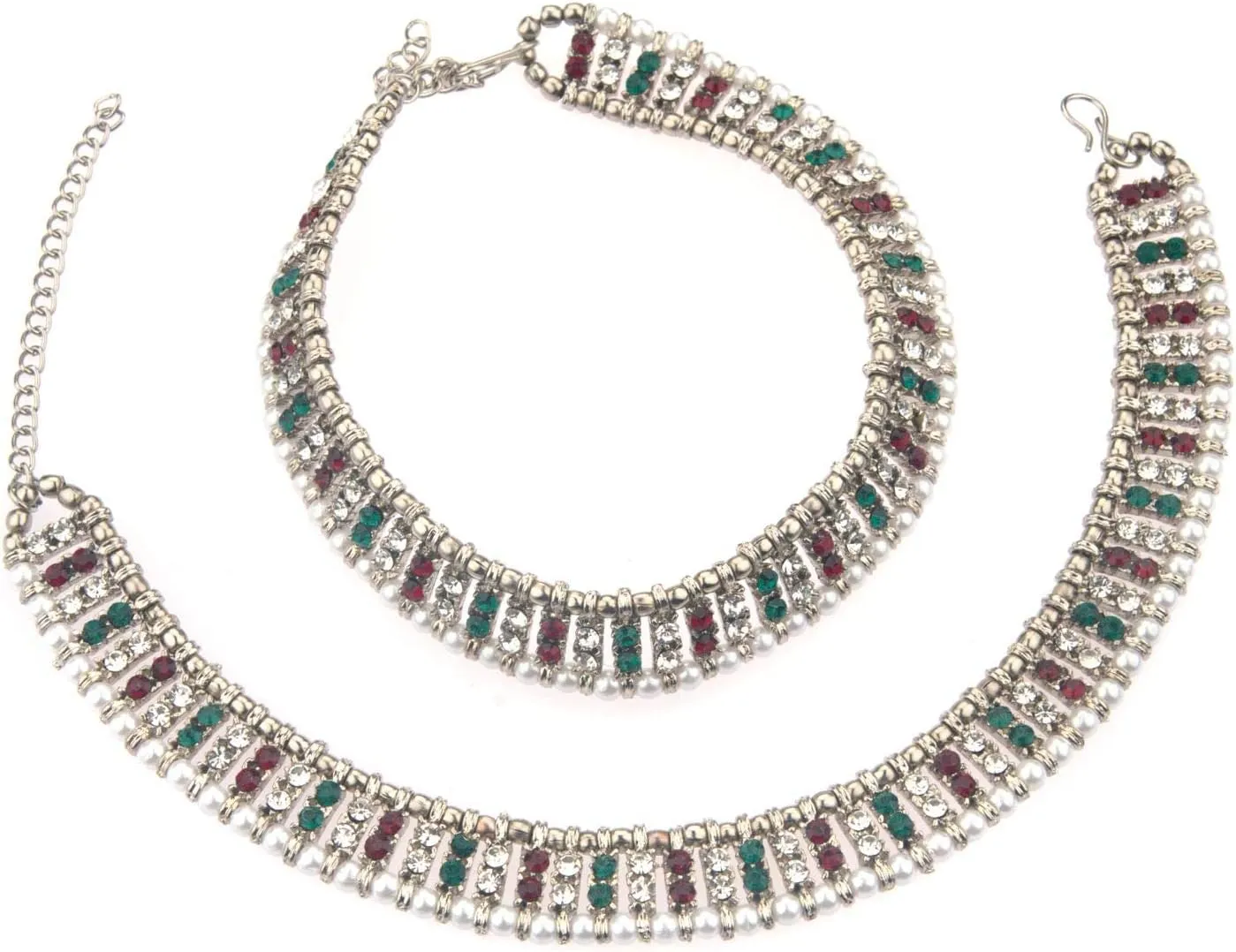 Efulgenz Oxidized Indian Jewelry - Anklets & Bracelet Pair for Women - Boho Oxidized Crystal Pearl Foot Jewelry