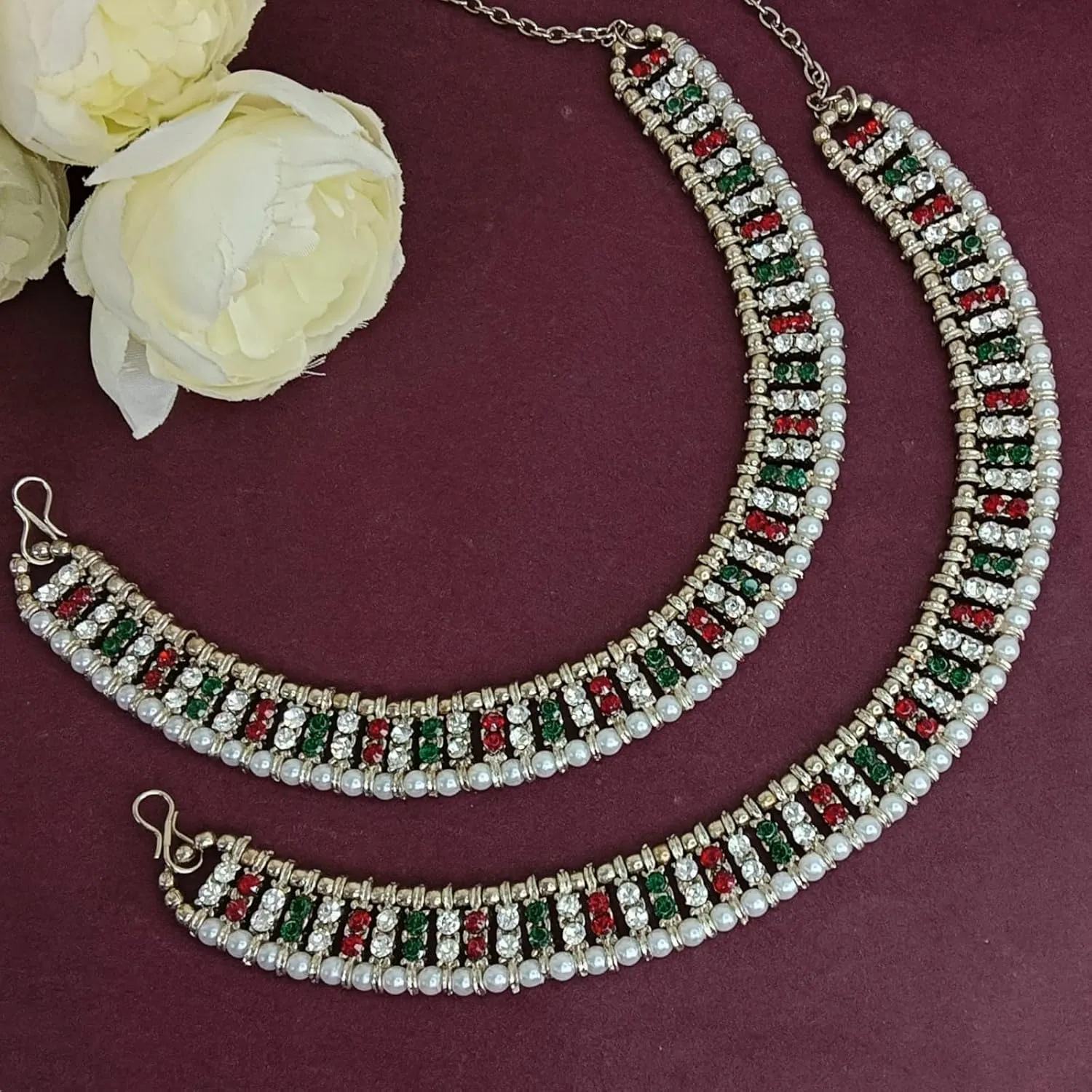 Efulgenz Oxidized Indian Jewelry - Anklets & Bracelet Pair for Women - Boho Oxidized Crystal Pearl Foot Jewelry