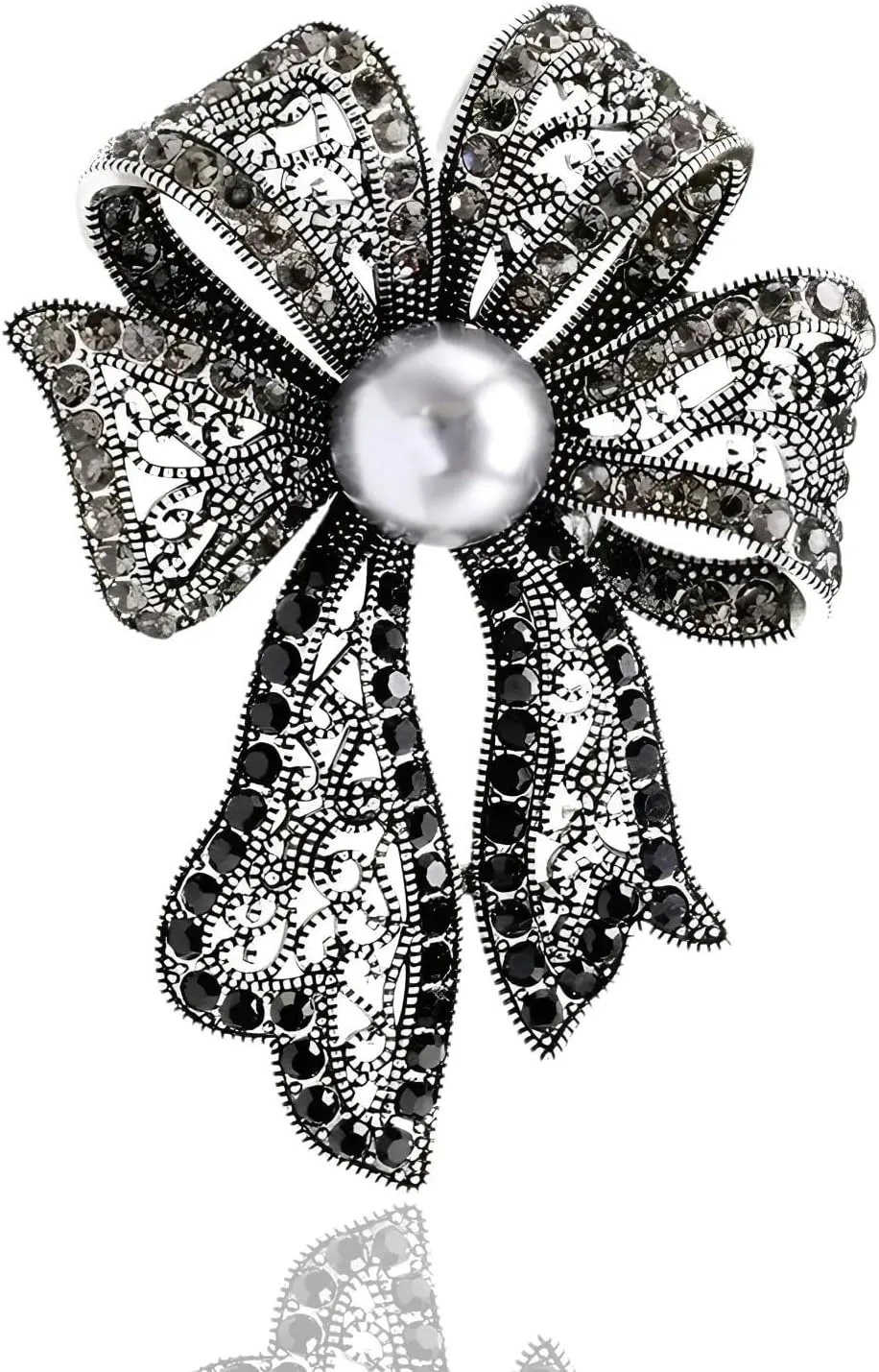Elegant Vintage Silver Metal Bowtie Brooch with Black Pearl Accent - A Timeless Treasure for Every Occasion