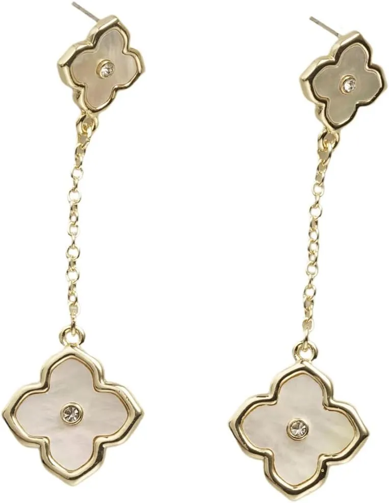 ENAMEL CLOVER WITH CZ ACCENT LINK GOLD PIERCED EARRING WITH TURQUOISE, MOP, OR BLACK CLOVER DROP (Enamel MOP)