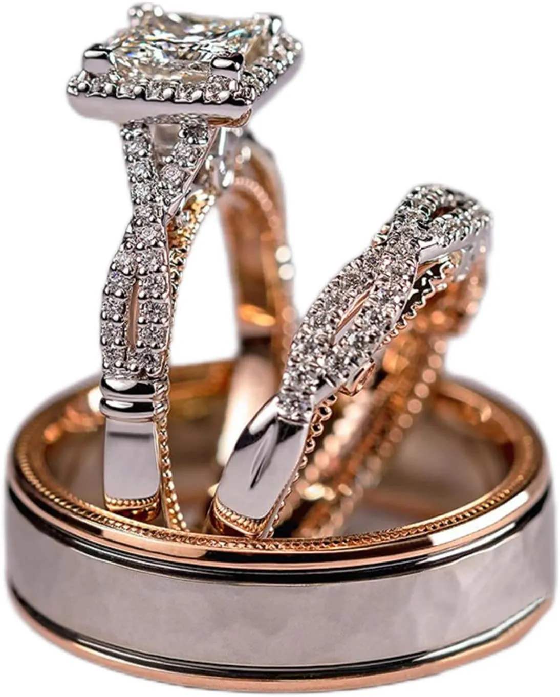 Engagement rings for couples set,3 pc His and Her Wedding Ring Set, Hypoallergenic Rose Gold Ring Set, Cubic Zirconia Bride Promise Rings Set,size 6-10