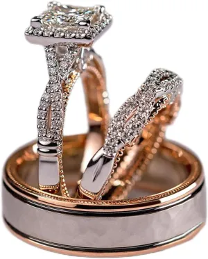 Engagement rings for couples set,3 pc His and Her Wedding Ring Set, Hypoallergenic Rose Gold Ring Set, Cubic Zirconia Bride Promise Rings Set,size 6-10