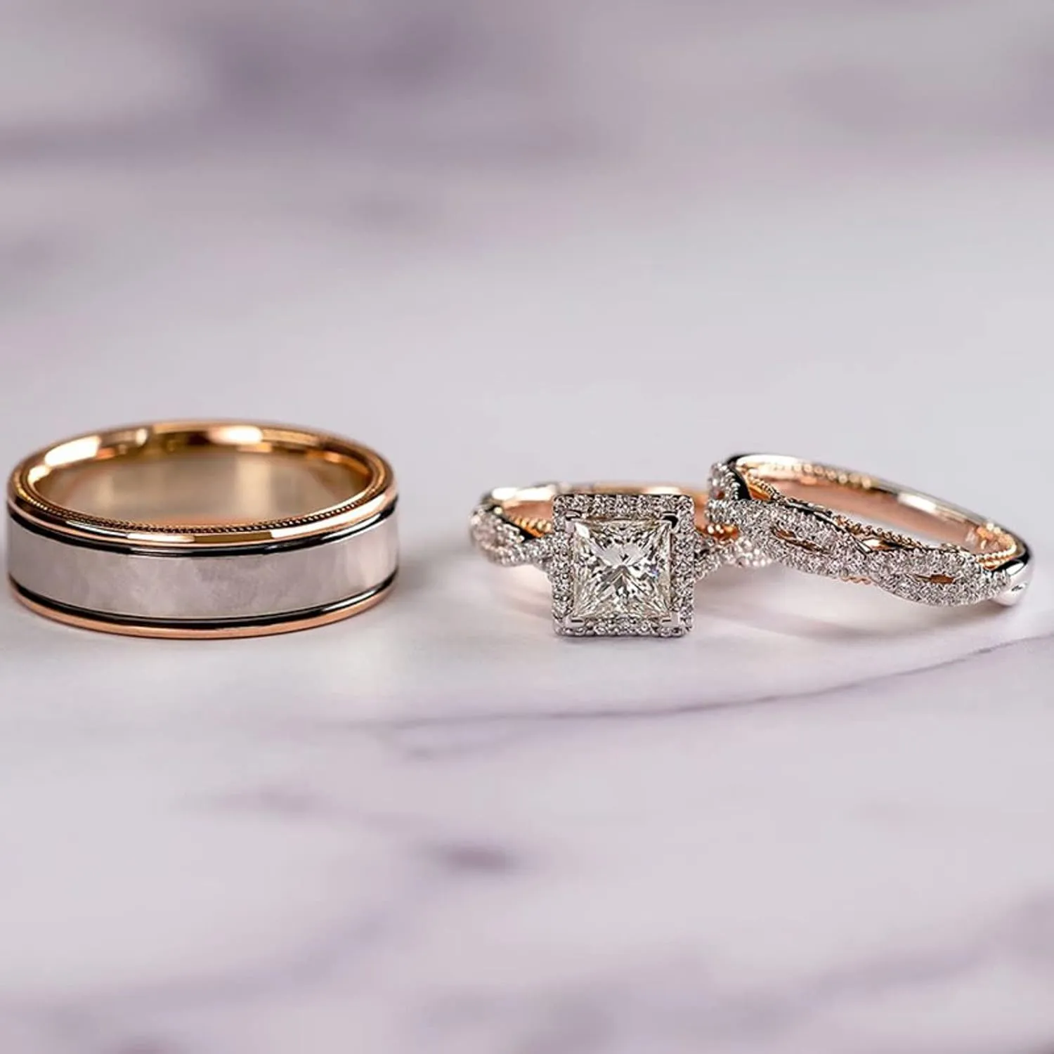 Engagement rings for couples set,3 pc His and Her Wedding Ring Set, Hypoallergenic Rose Gold Ring Set, Cubic Zirconia Bride Promise Rings Set,size 6-10