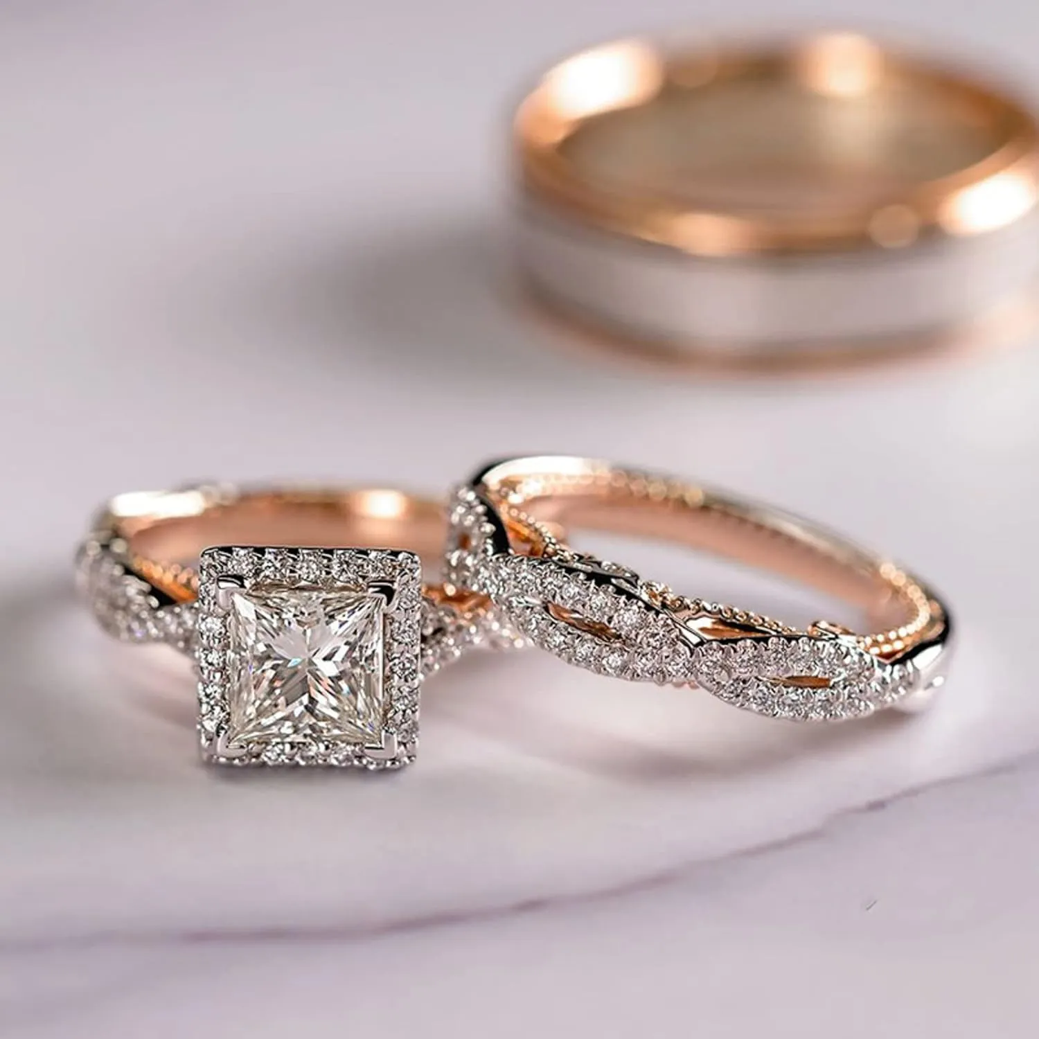 Engagement rings for couples set,3 pc His and Her Wedding Ring Set, Hypoallergenic Rose Gold Ring Set, Cubic Zirconia Bride Promise Rings Set,size 6-10