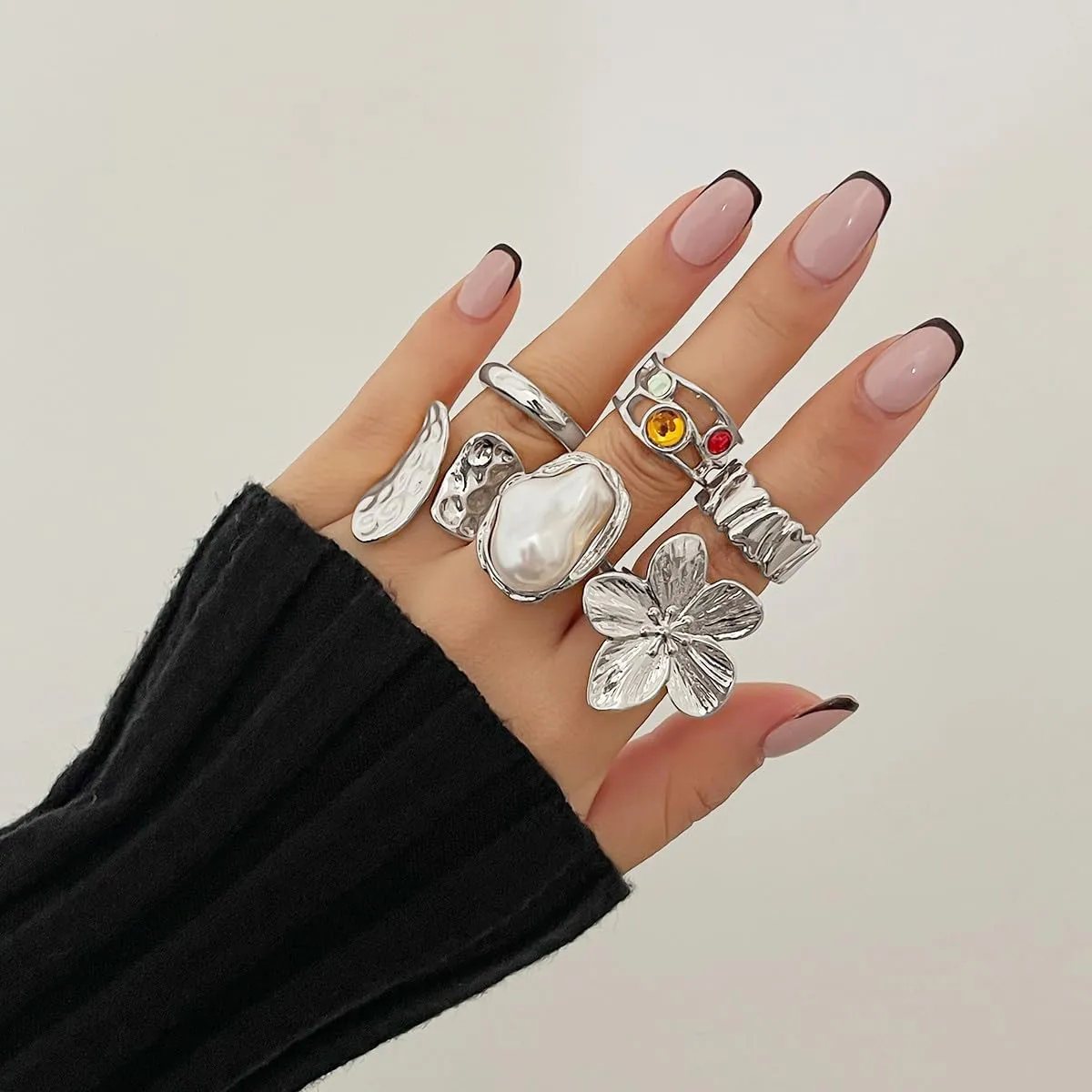 Esther Chunky Gold Rings for Women Non-Tarnish, 6 Pieces Statement Ring Set, Gold-Tone with Flower and Pearl Design