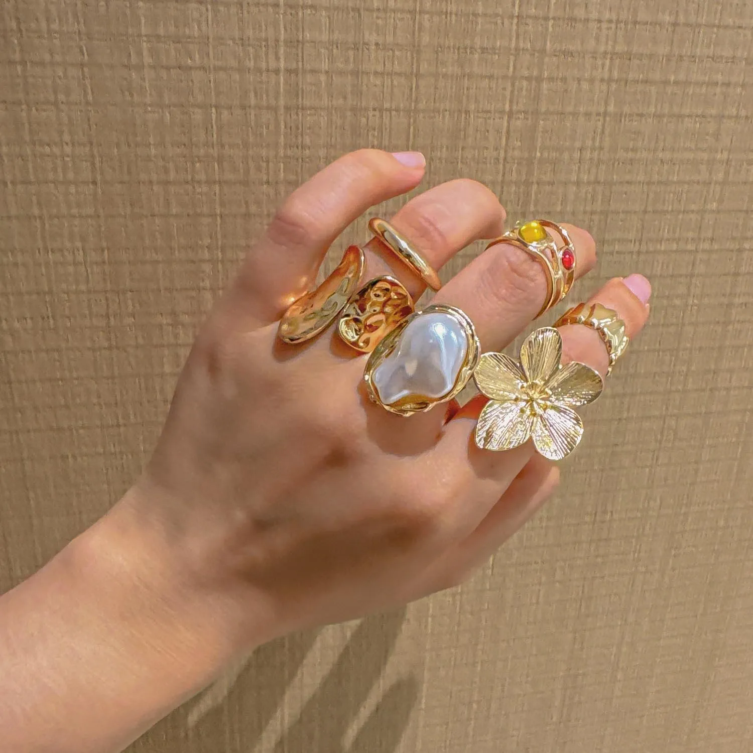 Esther Chunky Gold Rings for Women Non-Tarnish, 6 Pieces Statement Ring Set, Gold-Tone with Flower and Pearl Design
