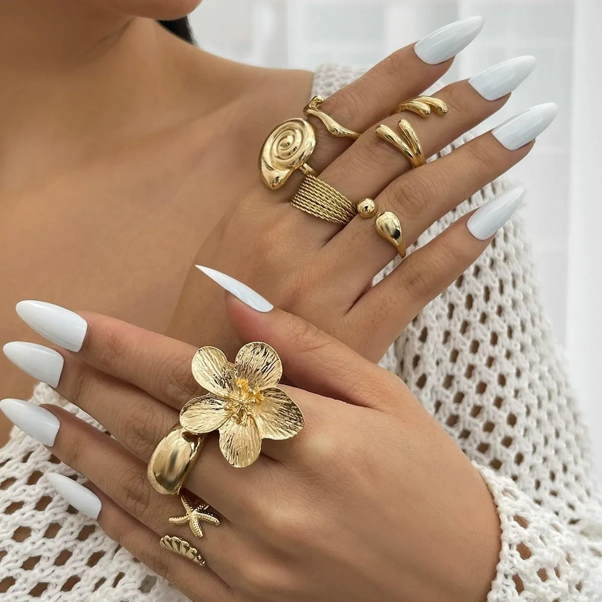 Esther Chunky Gold Rings for Women Non-Tarnish, 6 Pieces Statement Ring Set, Gold-Tone with Flower and Pearl Design