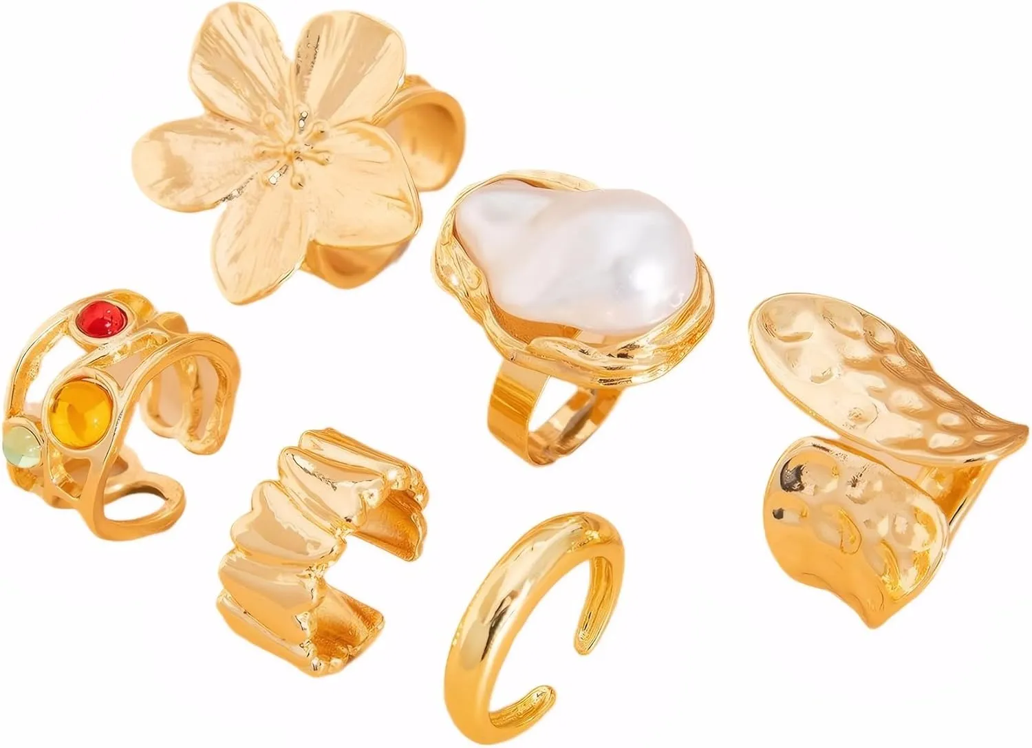Esther Chunky Gold Rings for Women Non-Tarnish, 6 Pieces Statement Ring Set, Gold-Tone with Flower and Pearl Design