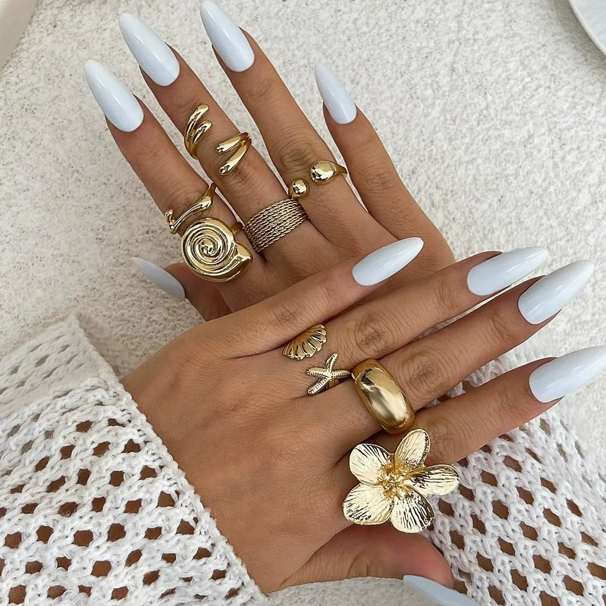 Esther Chunky Gold Rings for Women Non-Tarnish, 6 Pieces Statement Ring Set, Gold-Tone with Flower and Pearl Design