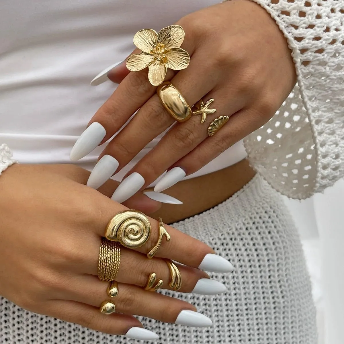 Esther Chunky Gold Rings for Women Non-Tarnish, 6 Pieces Statement Ring Set, Gold-Tone with Flower and Pearl Design