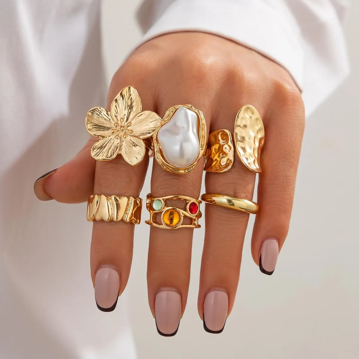 Esther Chunky Gold Rings for Women Non-Tarnish, 6 Pieces Statement Ring Set, Gold-Tone with Flower and Pearl Design