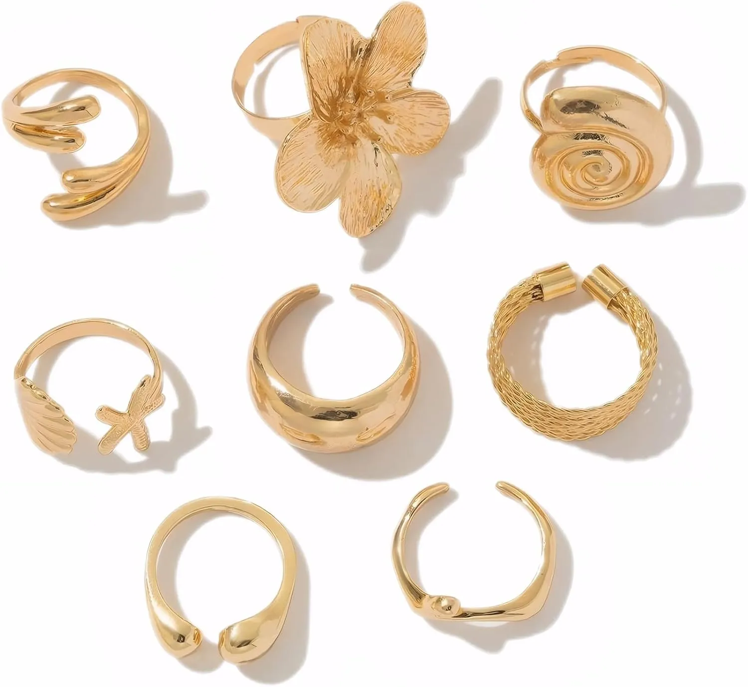 Esther Chunky Gold Rings for Women Non-Tarnish, 6 Pieces Statement Ring Set, Gold-Tone with Flower and Pearl Design