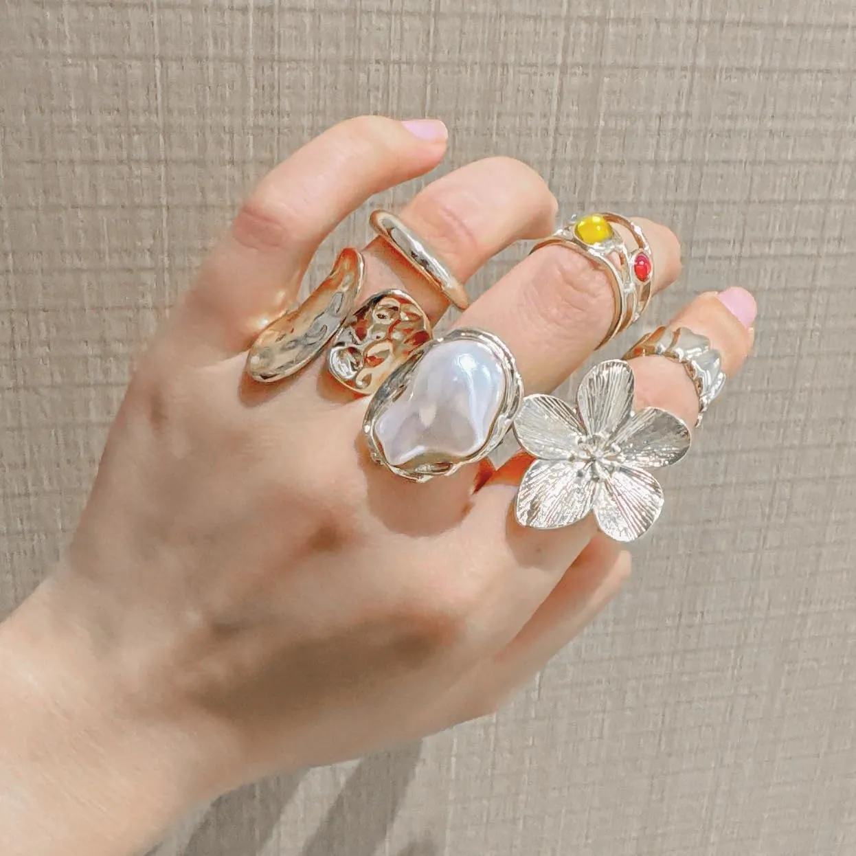 Esther Chunky Gold Rings for Women Non-Tarnish, 6 Pieces Statement Ring Set, Gold-Tone with Flower and Pearl Design