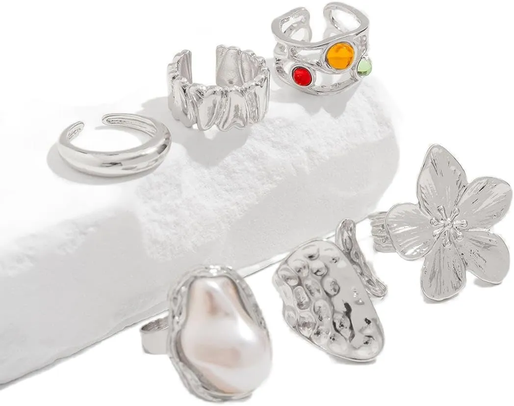 Esther Chunky Gold Rings for Women Non-Tarnish, 6 Pieces Statement Ring Set, Gold-Tone with Flower and Pearl Design