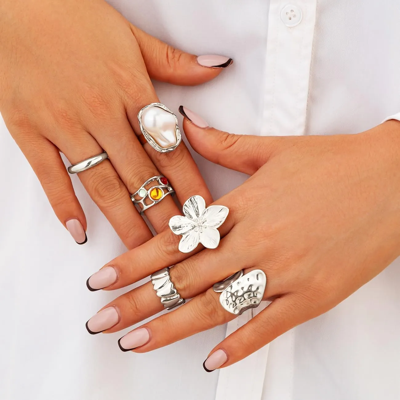 Esther Chunky Gold Rings for Women Non-Tarnish, 6 Pieces Statement Ring Set, Gold-Tone with Flower and Pearl Design