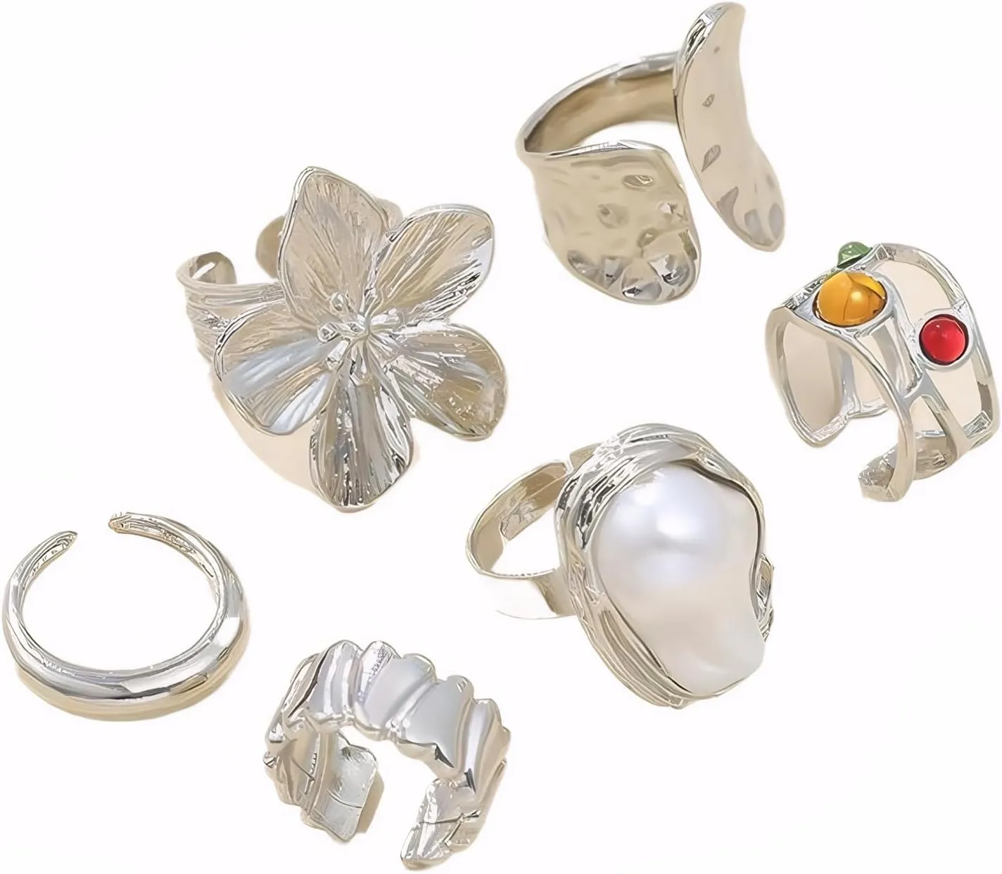 Esther Chunky Gold Rings for Women Non-Tarnish, 6 Pieces Statement Ring Set, Gold-Tone with Flower and Pearl Design