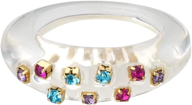 Ettika Women Ring. Crowd Pleaser 18k Gold Plated Clear Resin Ring with Multi Colored Rhinestones. Fashion Jewelry