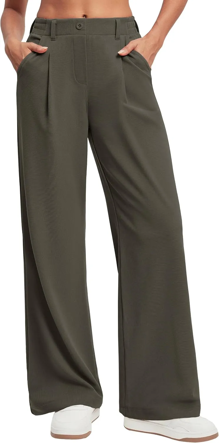 Ewedoos Wide Leg Stretchy Work Pants Slacks for Women Business Casual Pants High Waisted Waffle 26''/28'' Dress Pants