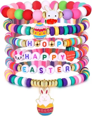 FAERLIIRY Easter Bracelets Bulk Cute Beads Bracelet for Women Friendship Bracelet Polymer Clay Elastic Bracelets Bunny Egg Happy Easter Holiday Bracelets Gifts (Easter-6PCS)
