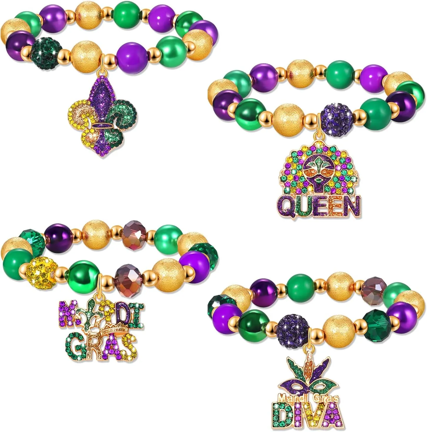 FAERLIIRY Mardi Gras Beaded Bracelets for Women Heishi Stretch Bracelets Mask Fleur De Lis Charm Bracelets Carnival Holiday Preppy Bracelets Jewelry