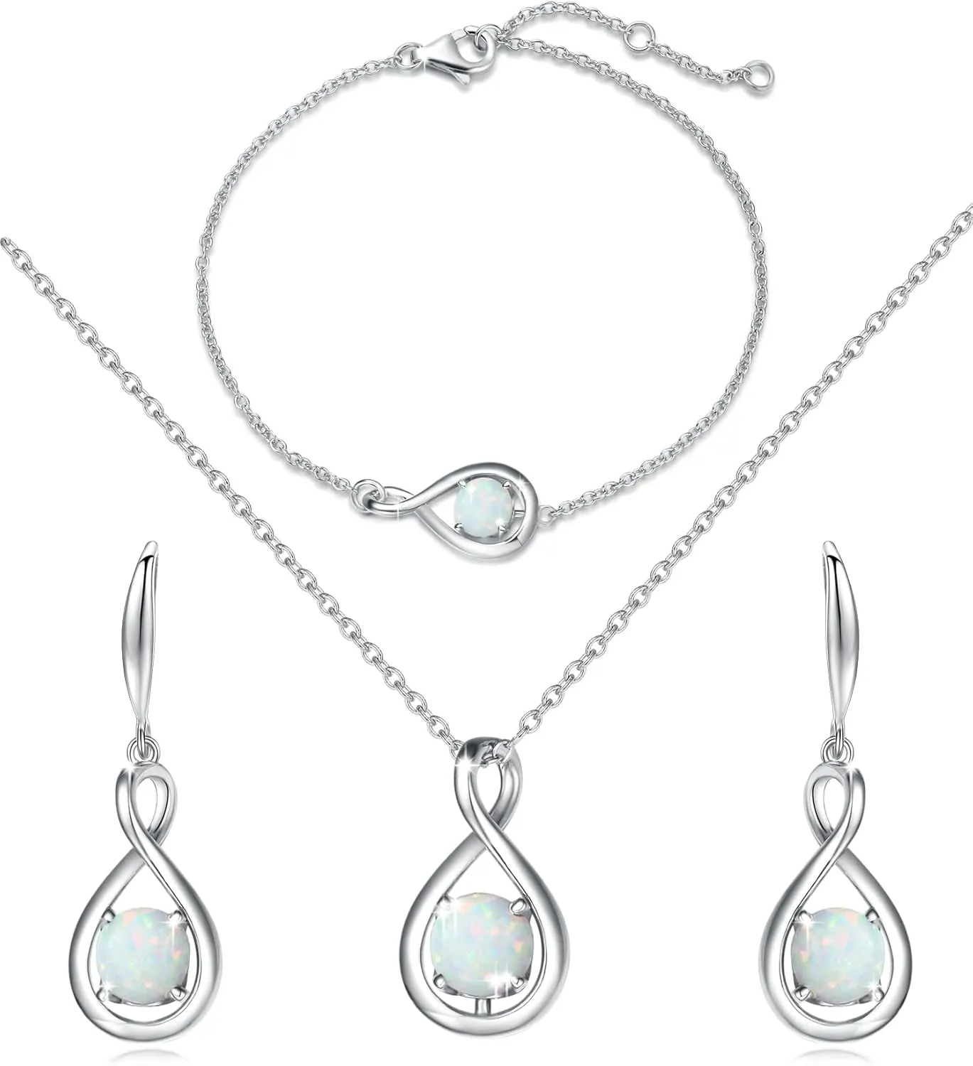 FANCIME Birthstone Jewelry for Women Sterling Silver Earrings Infinity Opal Pendant Necklace Bracelet Anniversary Birthday Mother's Day Gift for Her Girls Wife Mom Lady Daughter