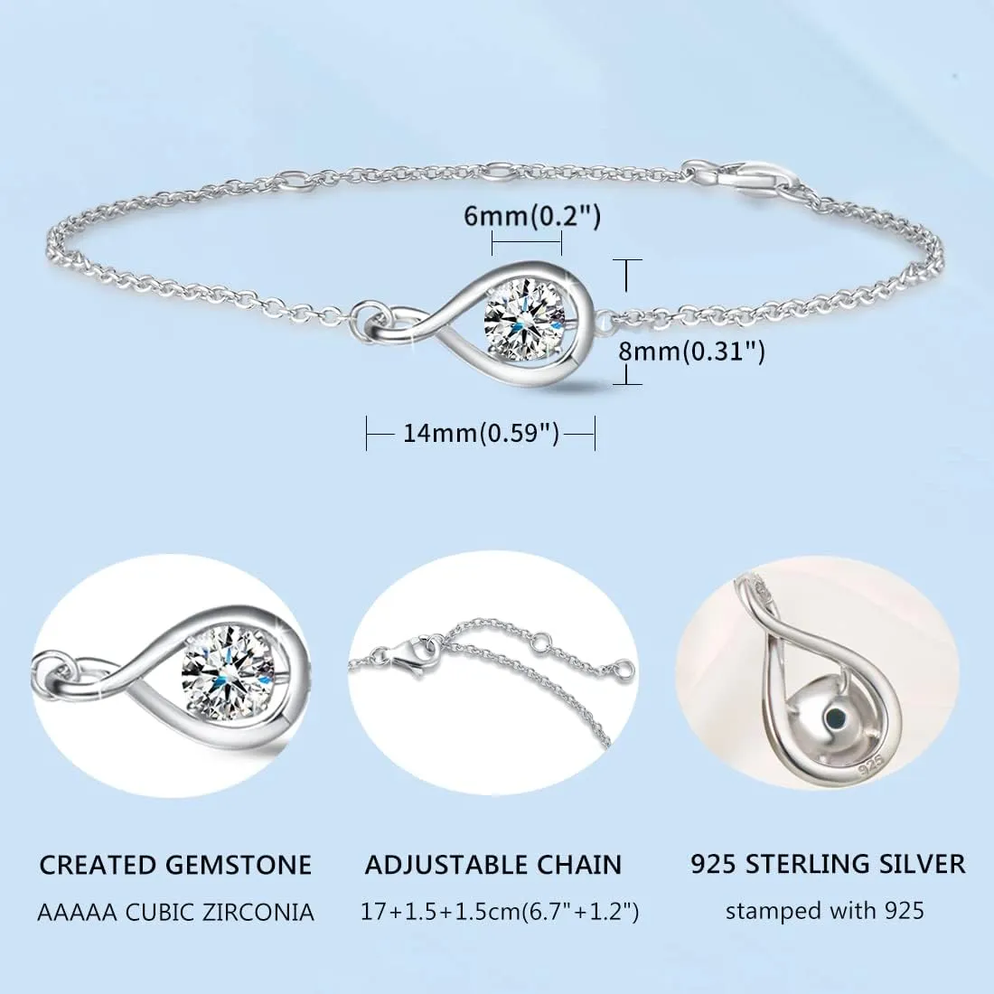 FANCIME Love Bracelet 925 Sterling Silver Infinity Birthstone Bracelets for Women Fine Jewelry Birthday Gifts for Her Mom Wife, Chain Length 6.7" 1.2" Extend