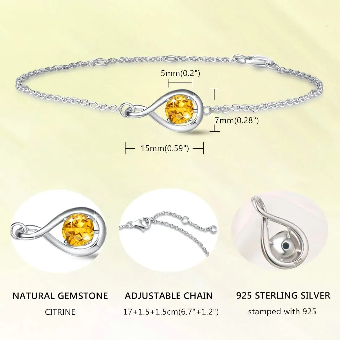 FANCIME Love Bracelet 925 Sterling Silver Infinity Birthstone Bracelets for Women Fine Jewelry Birthday Gifts for Her Mom Wife, Chain Length 6.7" 1.2" Extend