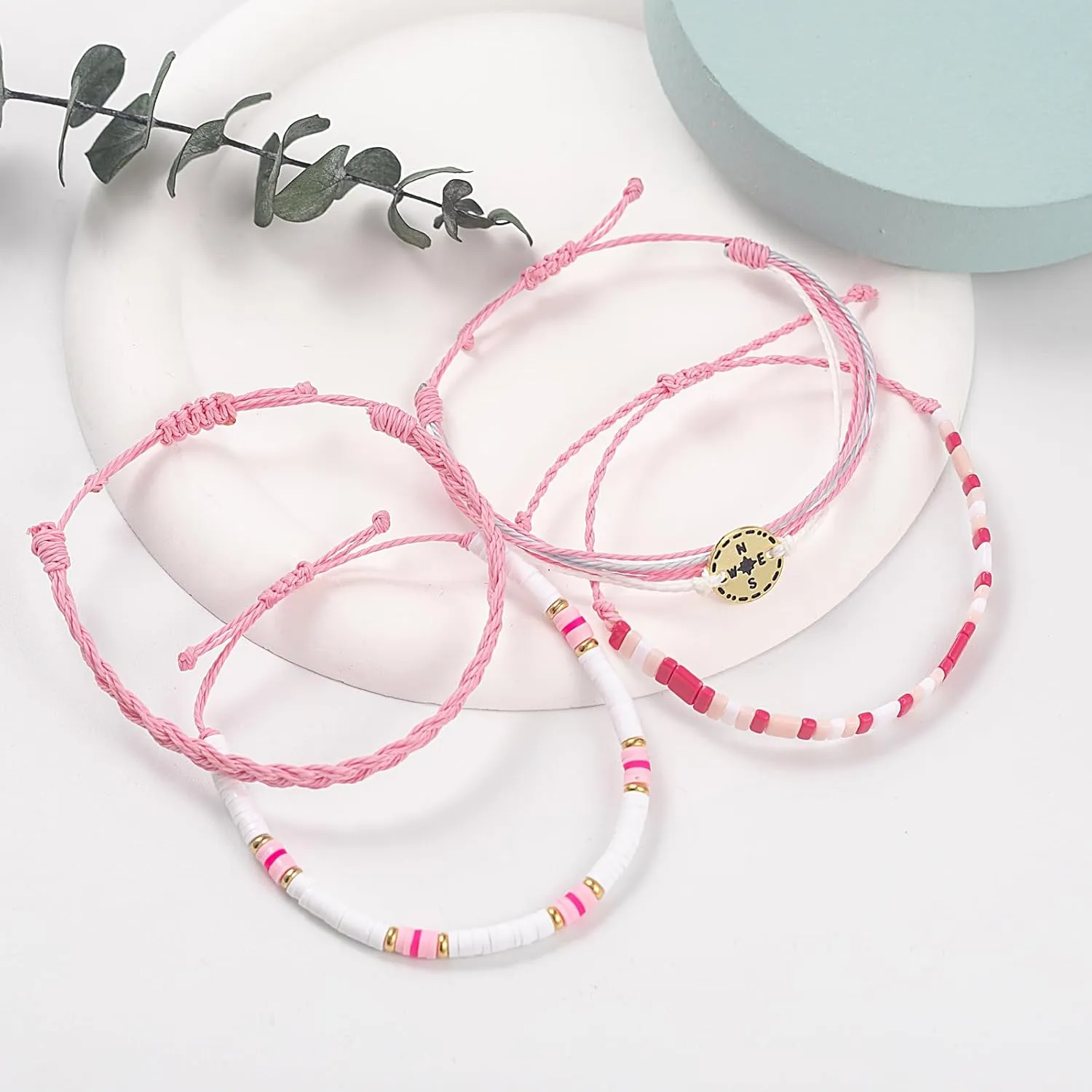 FANCY SHINY Beaded String Bracelets Compass Charm Clay Beads Boho Bracelet Stack Friendship Bracelets for Women