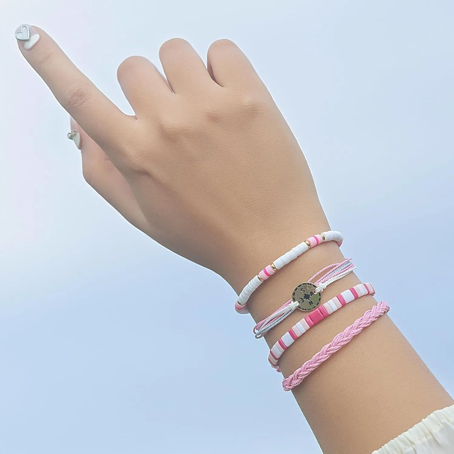 FANCY SHINY Beaded String Bracelets Compass Charm Clay Beads Boho Bracelet Stack Friendship Bracelets for Women