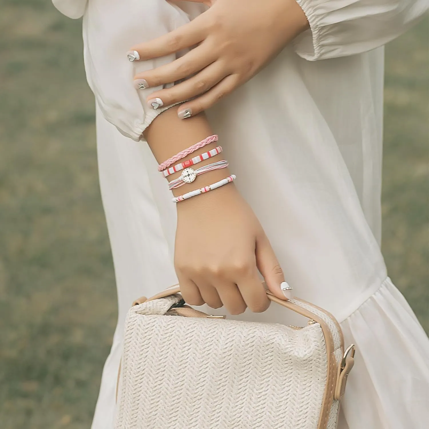 FANCY SHINY Beaded String Bracelets Compass Charm Clay Beads Boho Bracelet Stack Friendship Bracelets for Women