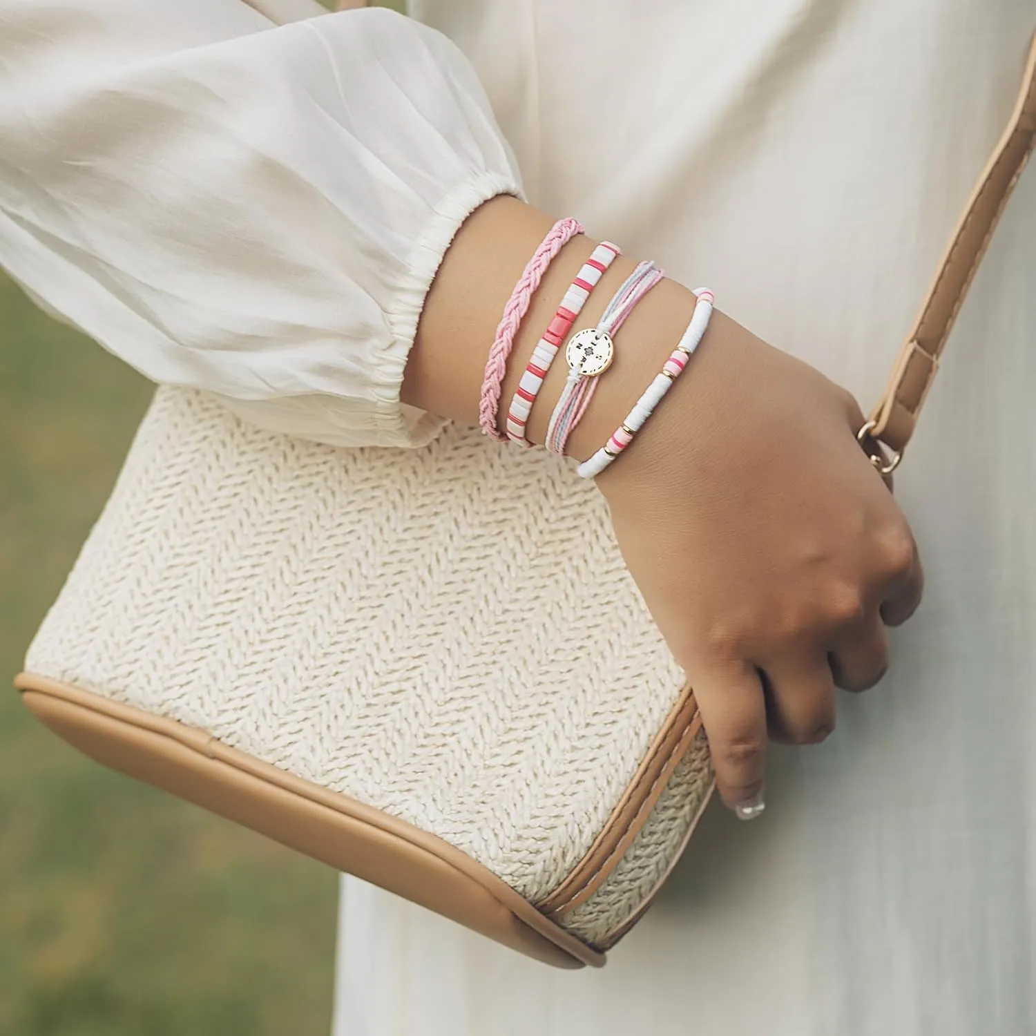 FANCY SHINY Beaded String Bracelets Compass Charm Clay Beads Boho Bracelet Stack Friendship Bracelets for Women