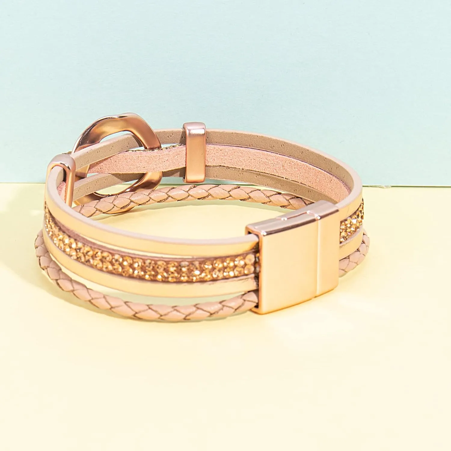 FANCY SHINY Leather Cuff Bracelet Circle Rhinestone Wrap Bracelet Stackable Multi Layer Wristband with Clasp Boho Jewelry Gift for Women