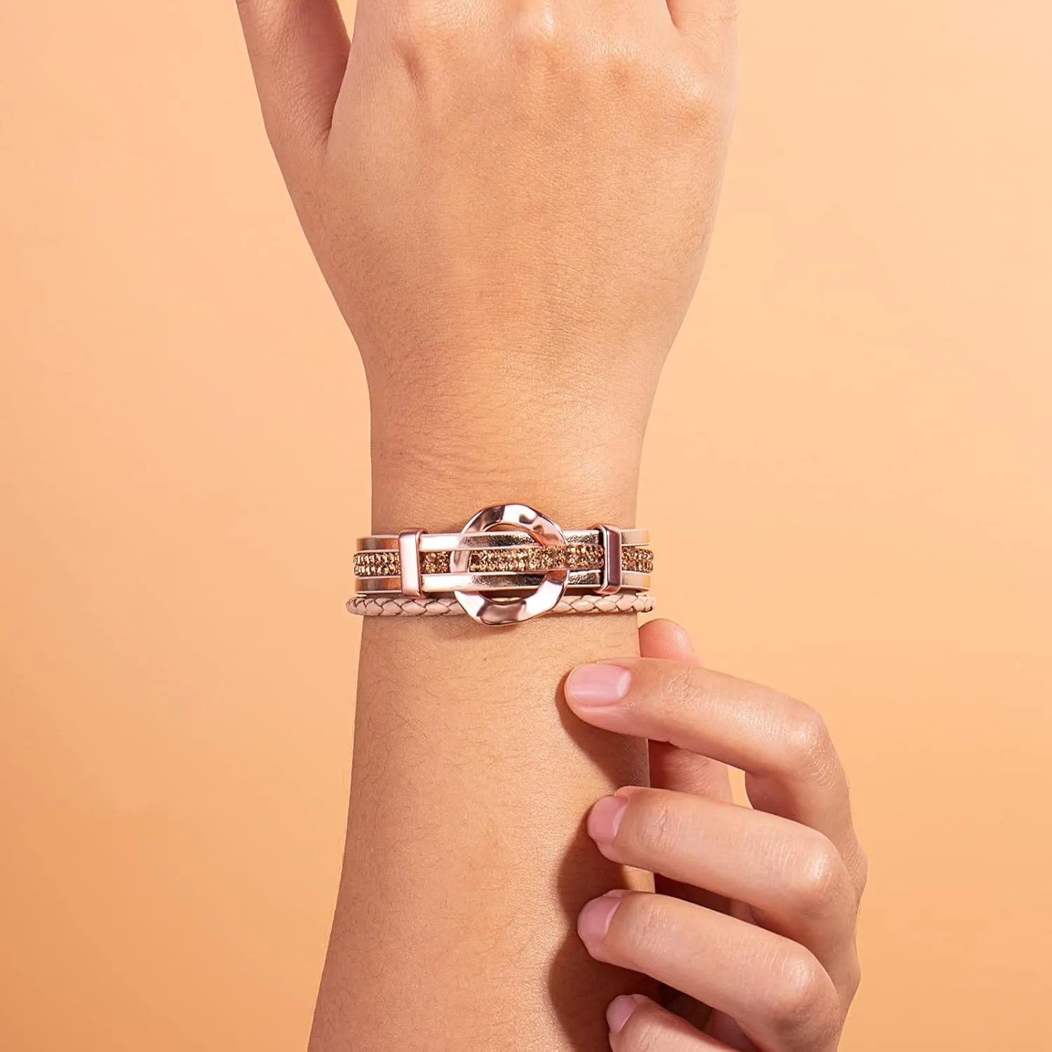 FANCY SHINY Leather Cuff Bracelet Circle Rhinestone Wrap Bracelet Stackable Multi Layer Wristband with Clasp Boho Jewelry Gift for Women