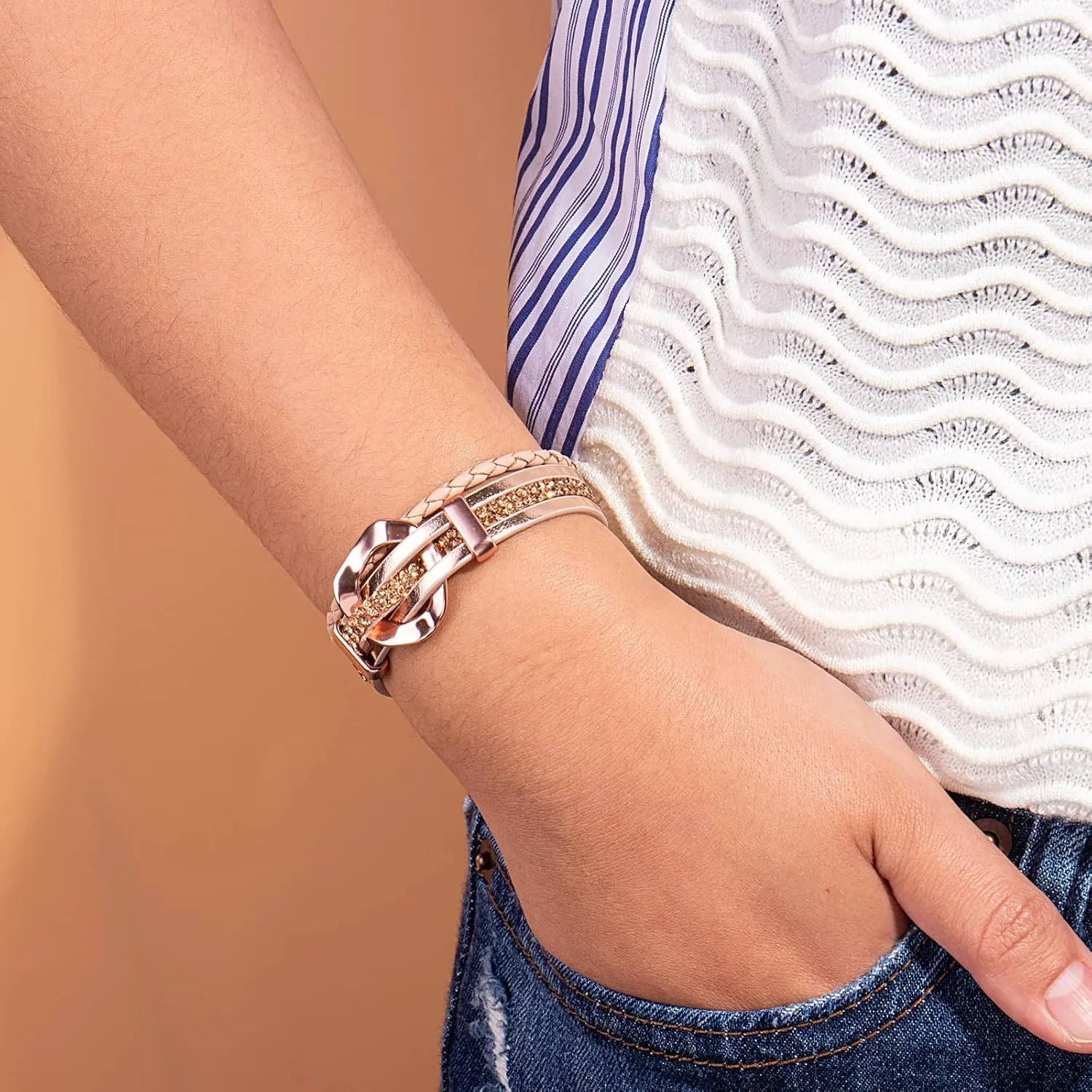 FANCY SHINY Leather Cuff Bracelet Circle Rhinestone Wrap Bracelet Stackable Multi Layer Wristband with Clasp Boho Jewelry Gift for Women