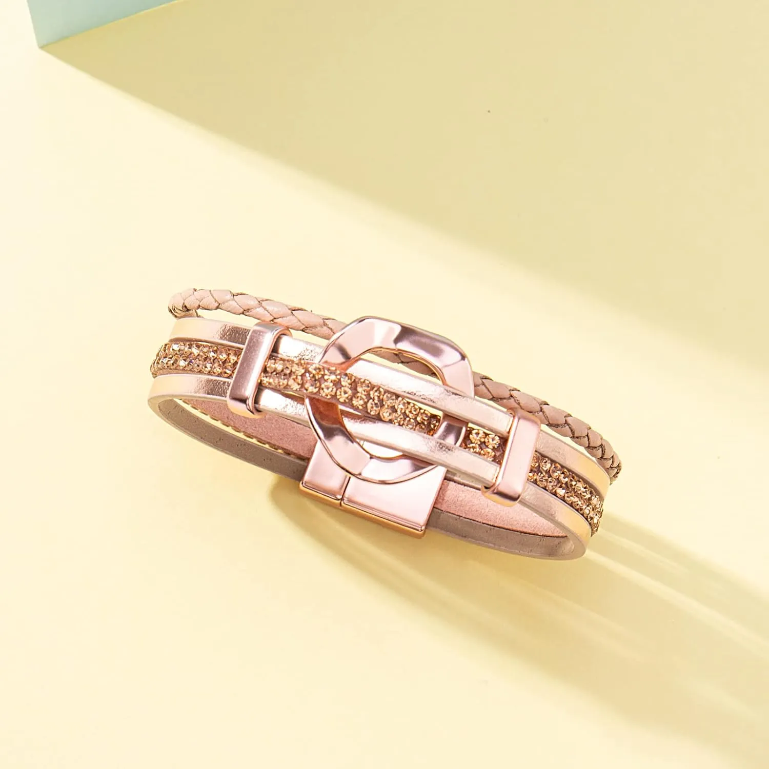 FANCY SHINY Leather Cuff Bracelet Circle Rhinestone Wrap Bracelet Stackable Multi Layer Wristband with Clasp Boho Jewelry Gift for Women