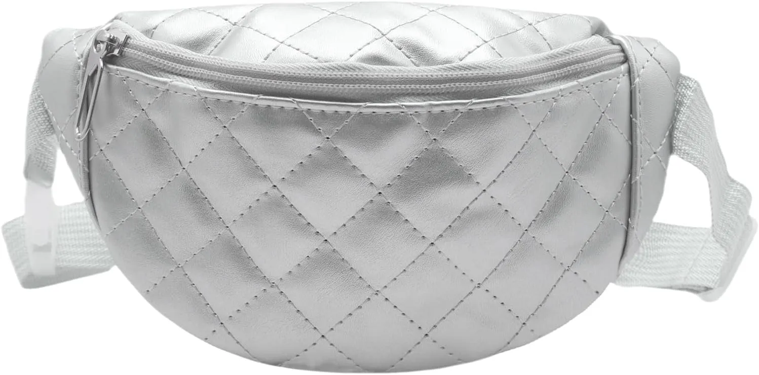 Fashion Quilted Fanny Pack for Girls Boys Kids Small Silver Waist Bag Crossbody Purse with Adjustable Belt