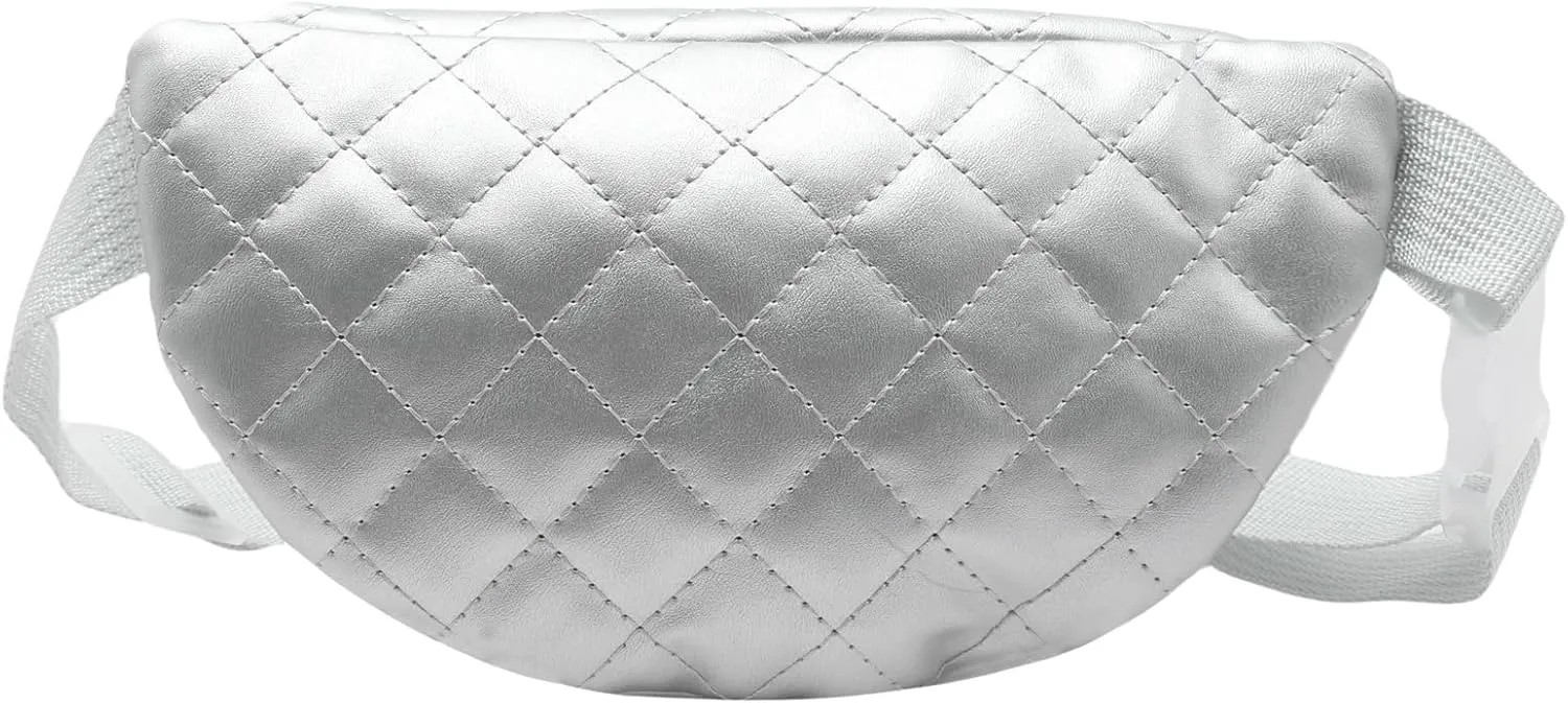 Fashion Quilted Fanny Pack for Girls Boys Kids Small Silver Waist Bag Crossbody Purse with Adjustable Belt