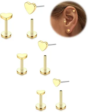 FIASASO 14K Gold Plated Flat Back Stud Earrings - 20G 18G 16G Hypoallergenic Surgical Steel Threadless Push in CZ Heart Snake Star Stud Piercing Jewelry Tragus Helix Cartilage Conch Nose Lip Monroe Labret Medusa Heart 18G
