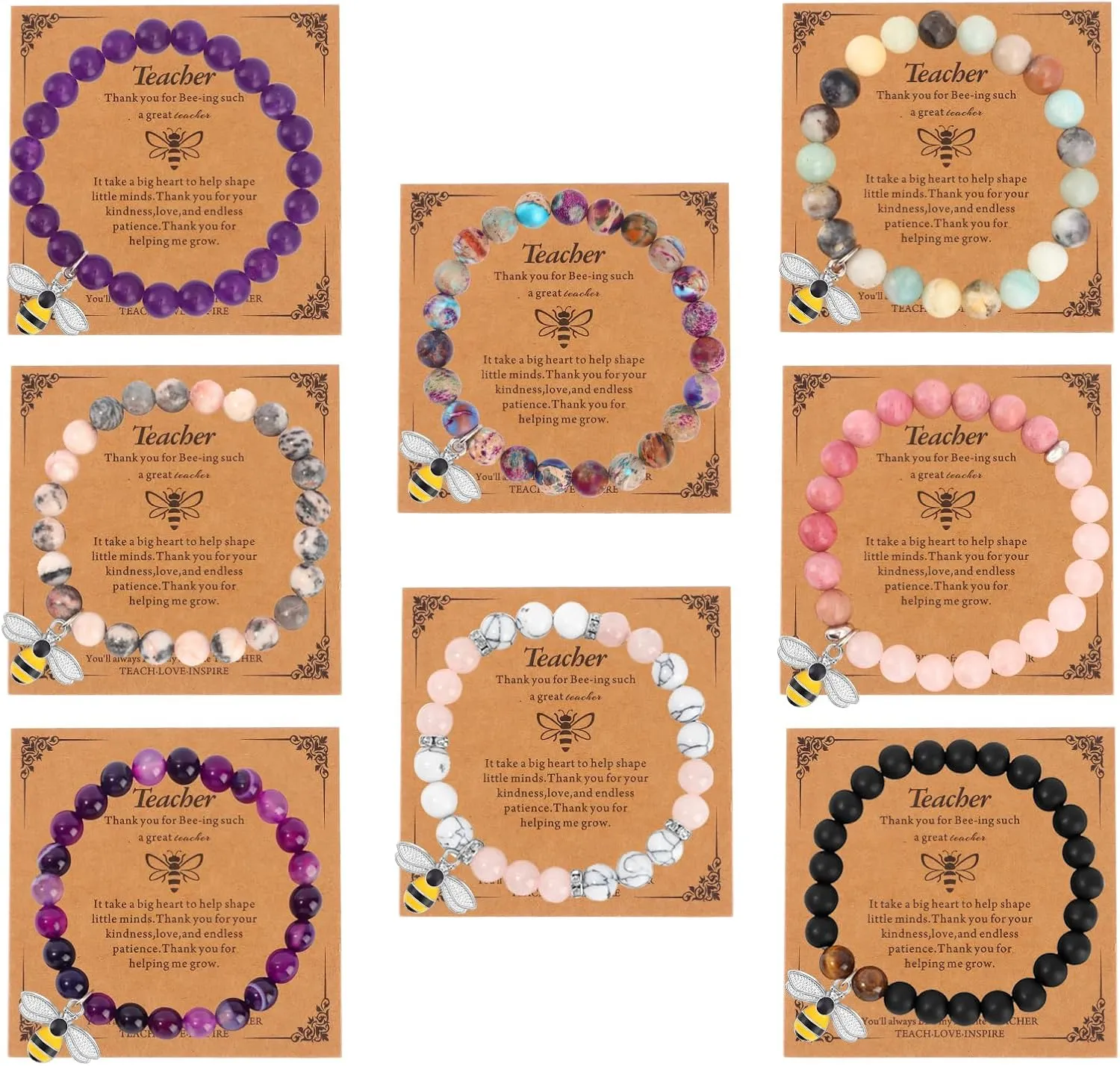 FIRAZIO 8Pcs Teacher Appreciation Bracelets, Natural Stone Elastic Bead Bracelets for Women & Men
