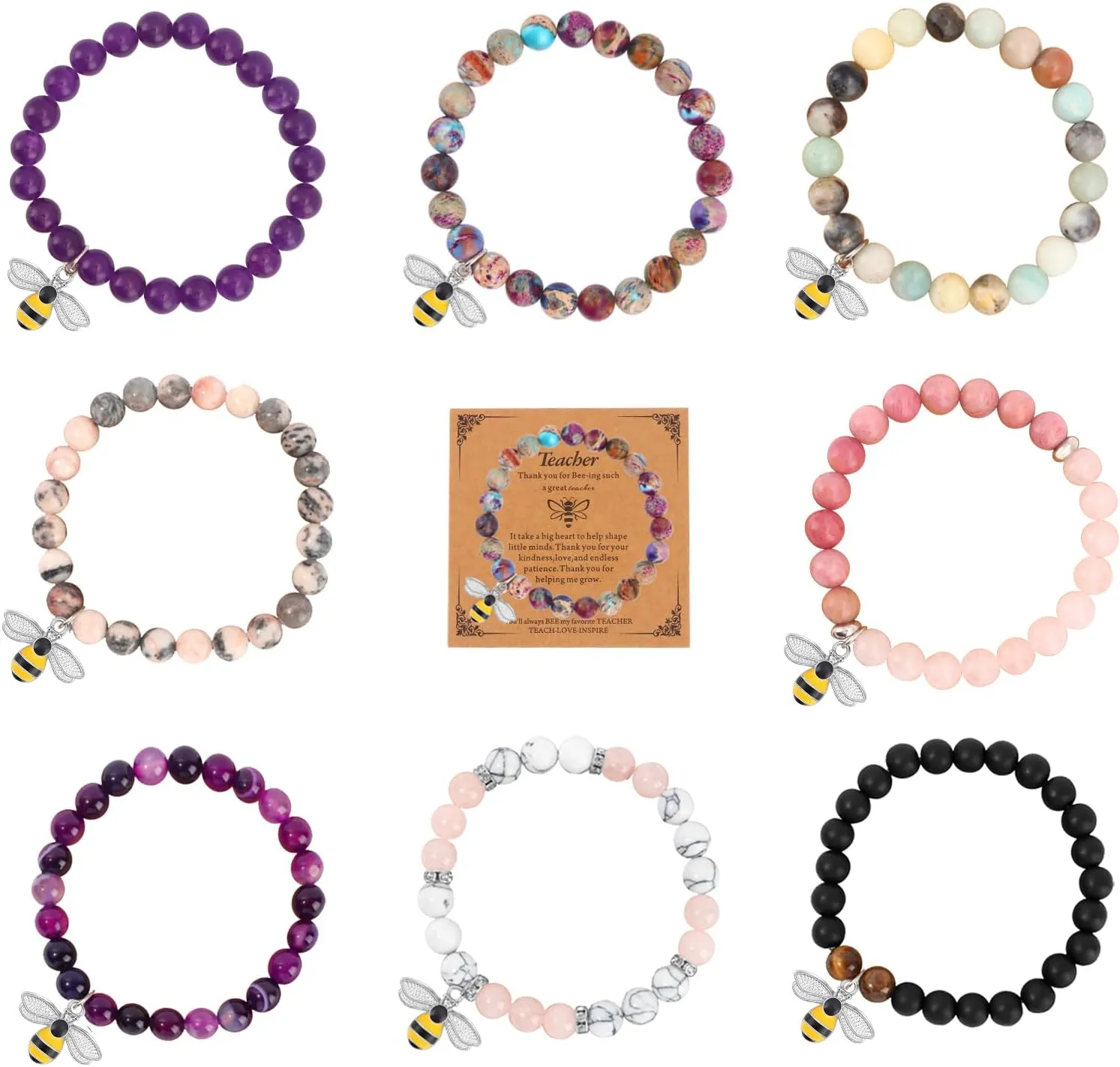 FIRAZIO 8Pcs Teacher Appreciation Bracelets, Natural Stone Elastic Bead Bracelets for Women & Men