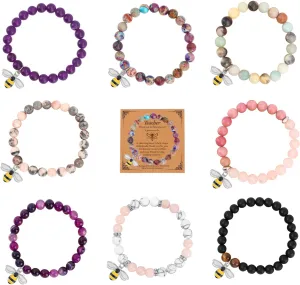 FIRAZIO 8Pcs Teacher Appreciation Bracelets, Natural Stone Elastic Bead Bracelets for Women & Men