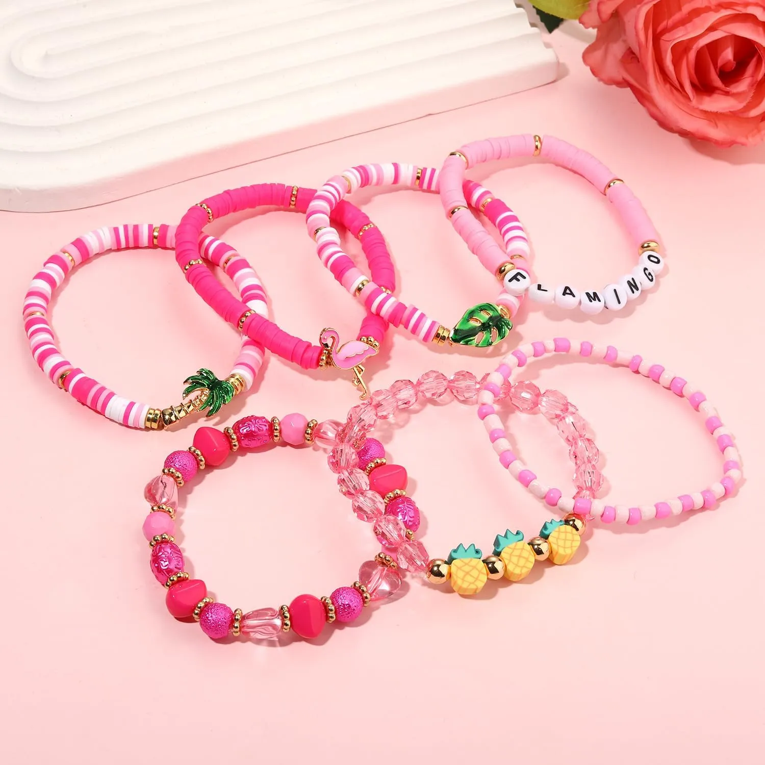 Flamingo Bracelets for Women Pink Flamingo Heishi Clay Beaded Stretch Bracelets Stackable Animal Tropical Bird Elastic Layering Friendship Bracelets Fun Summer Beach Vacation Jewelry
