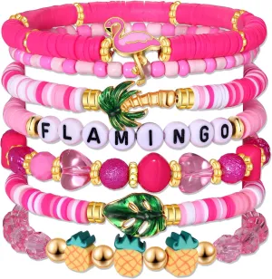 Flamingo Bracelets for Women Pink Flamingo Heishi Clay Beaded Stretch Bracelets Stackable Animal Tropical Bird Elastic Layering Friendship Bracelets Fun Summer Beach Vacation Jewelry