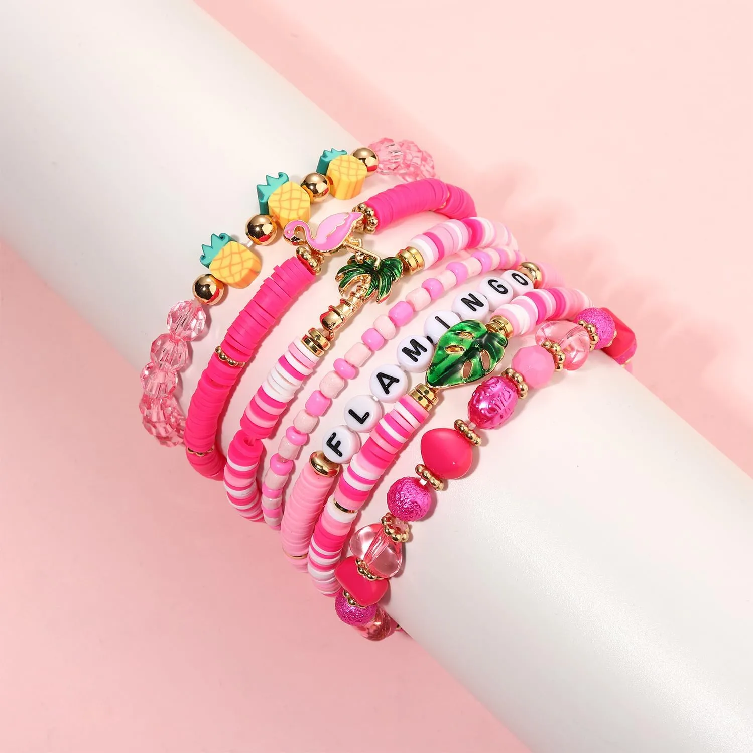 Flamingo Bracelets for Women Pink Flamingo Heishi Clay Beaded Stretch Bracelets Stackable Animal Tropical Bird Elastic Layering Friendship Bracelets Fun Summer Beach Vacation Jewelry