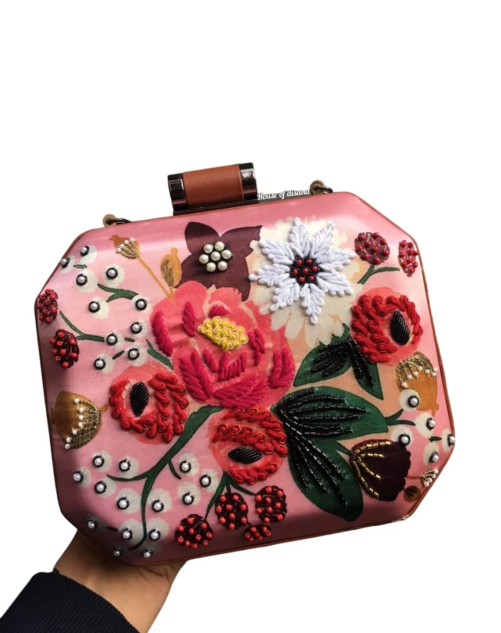 Floral Embroidery Sequins Beaded Clutch Handbag Shoulder Bags Purse for Women Formal Party Wedding - Pink Floral